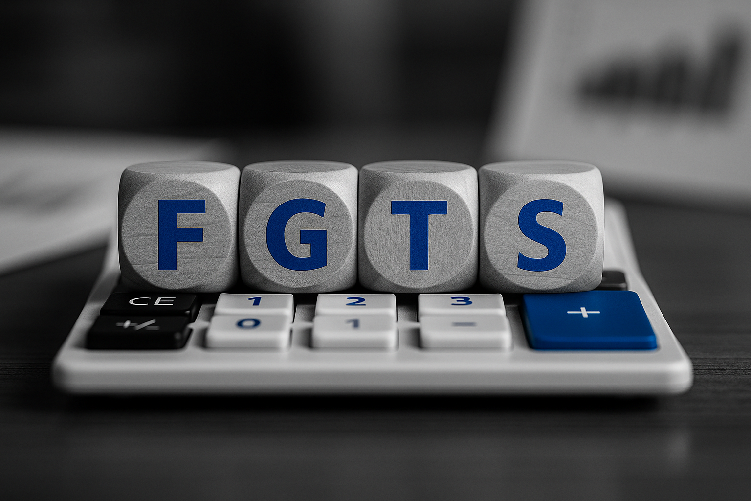Cubos de madeira formando a sigla FGTS sobre uma calculadora moderna em preto e branco, com destaque azul #1800ad, simbolizando crédito, gestão financeira e tecnologia corporativa.