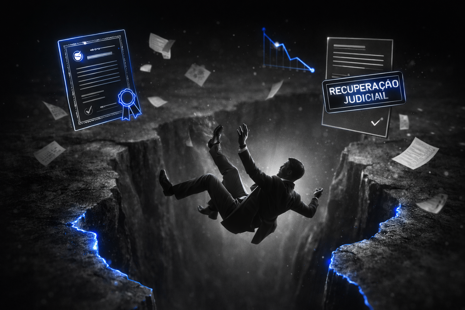 Executivo caindo em abismo com símbolos de debênture e recuperação judicial em destaque azul representando risco de crédito.