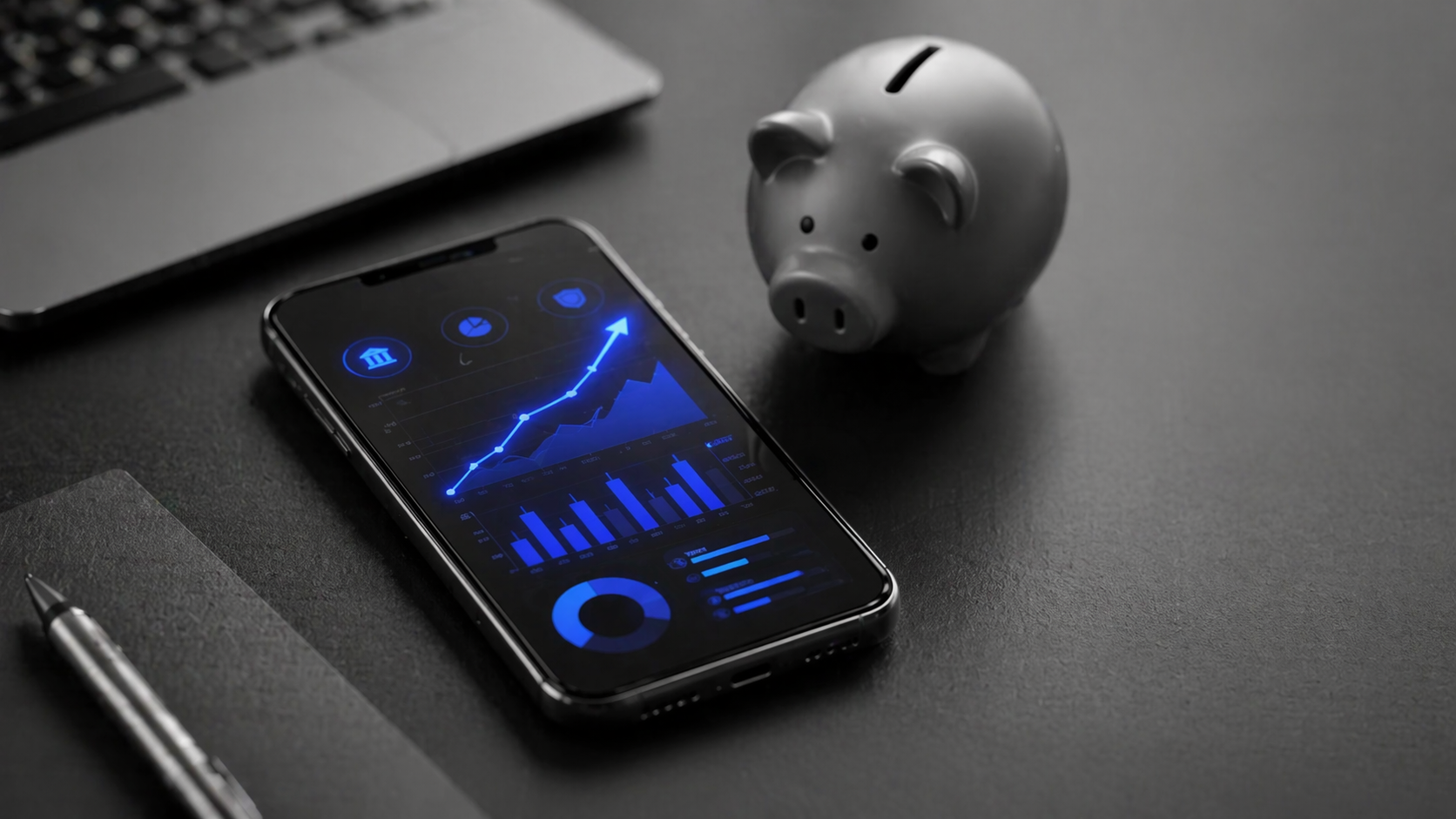 Smartphone exibindo gráfico de crescimento em azul ao lado de um cofrinho, sobre mesa em preto e branco, representando investimento digital e captação via CDB.