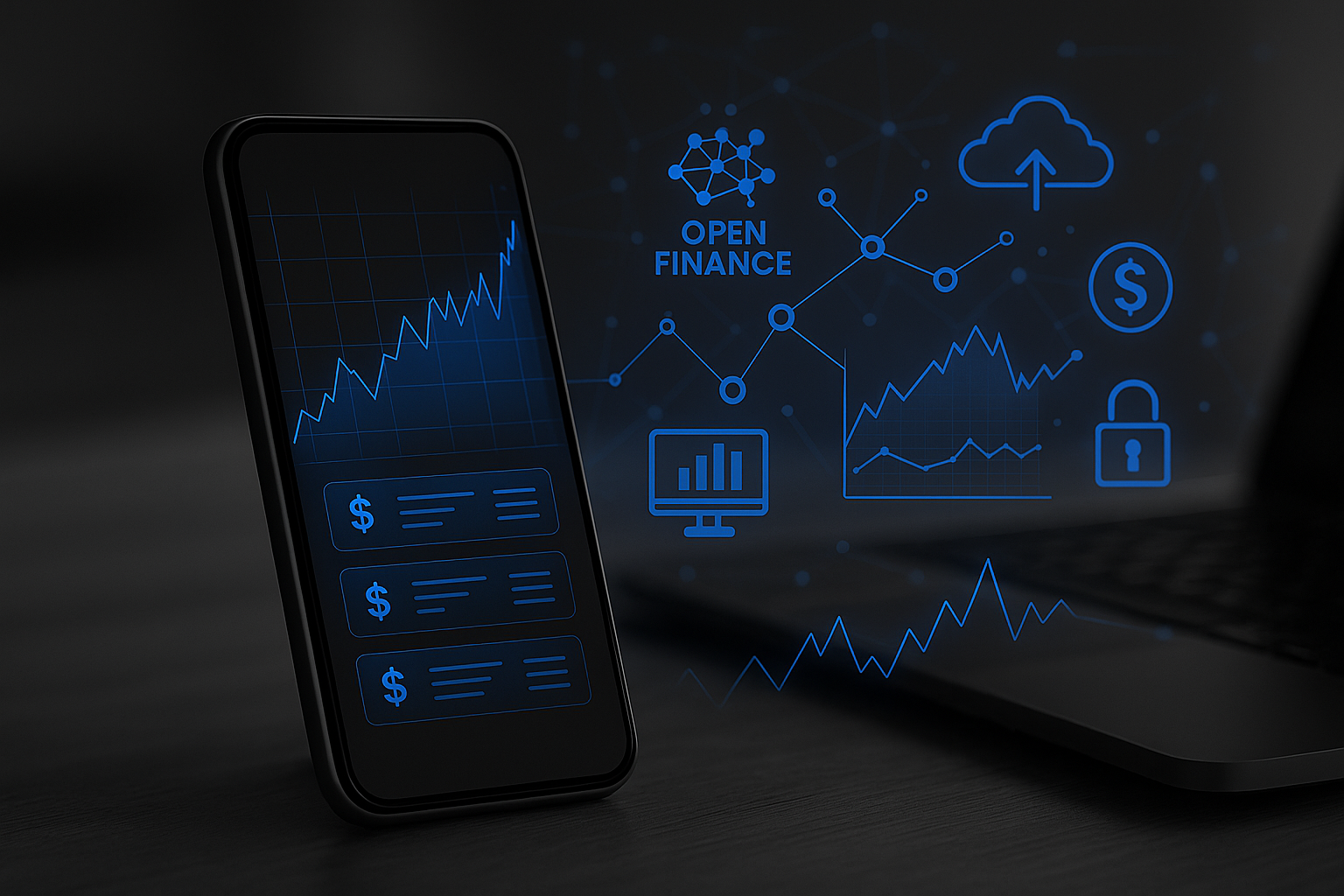 Ambiente corporativo moderno com notebook e smartphone exibindo gráficos digitais azuis, simbolizando a digitalização e o uso de canais digitais no setor financeiro.