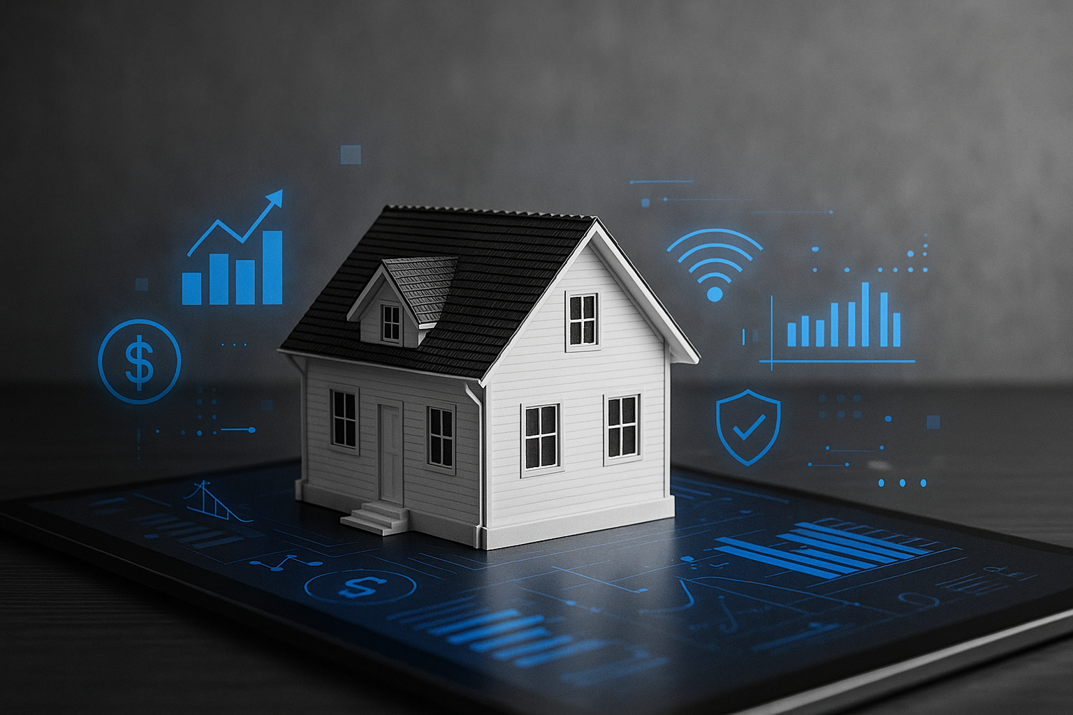 Casa branca moderna sobre uma superfície digital com ícones e gráficos em azul, representando crédito imobiliário, tecnologia e inovação no mercado financeiro e crédito imobiliário, the house