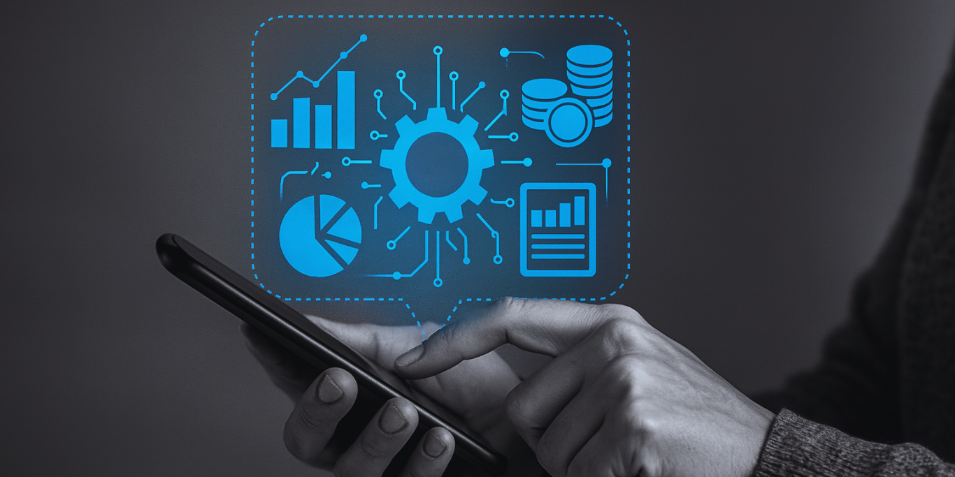 Pessoa segurando um celular enquanto interage com um sistema inteligente exibindo gráficos e ícones financeiros em azul, representando tecnologia e customização em bancos.