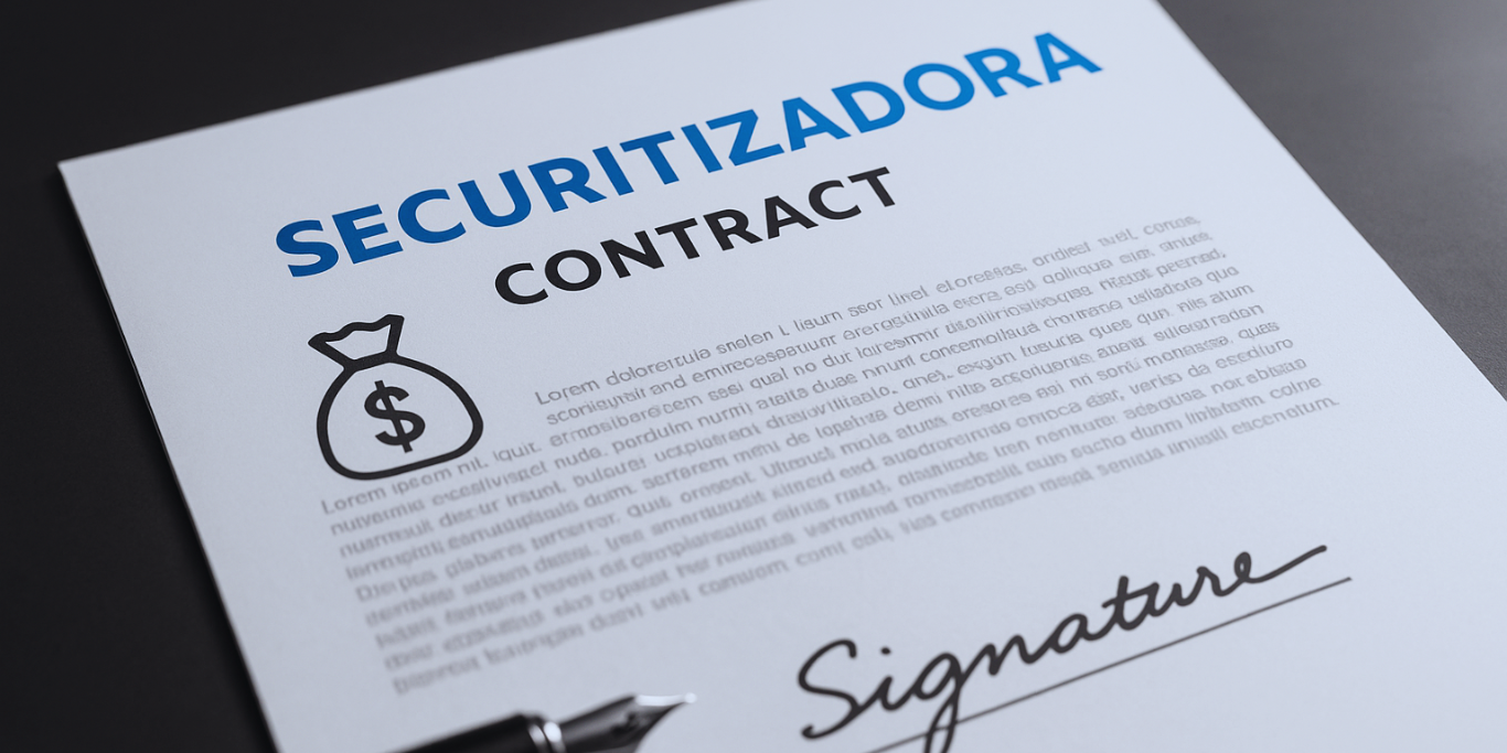 Contrato assinado com a palavra securitizadora em azul, representando um case de sucesso securitizadora no mercado de capitais.