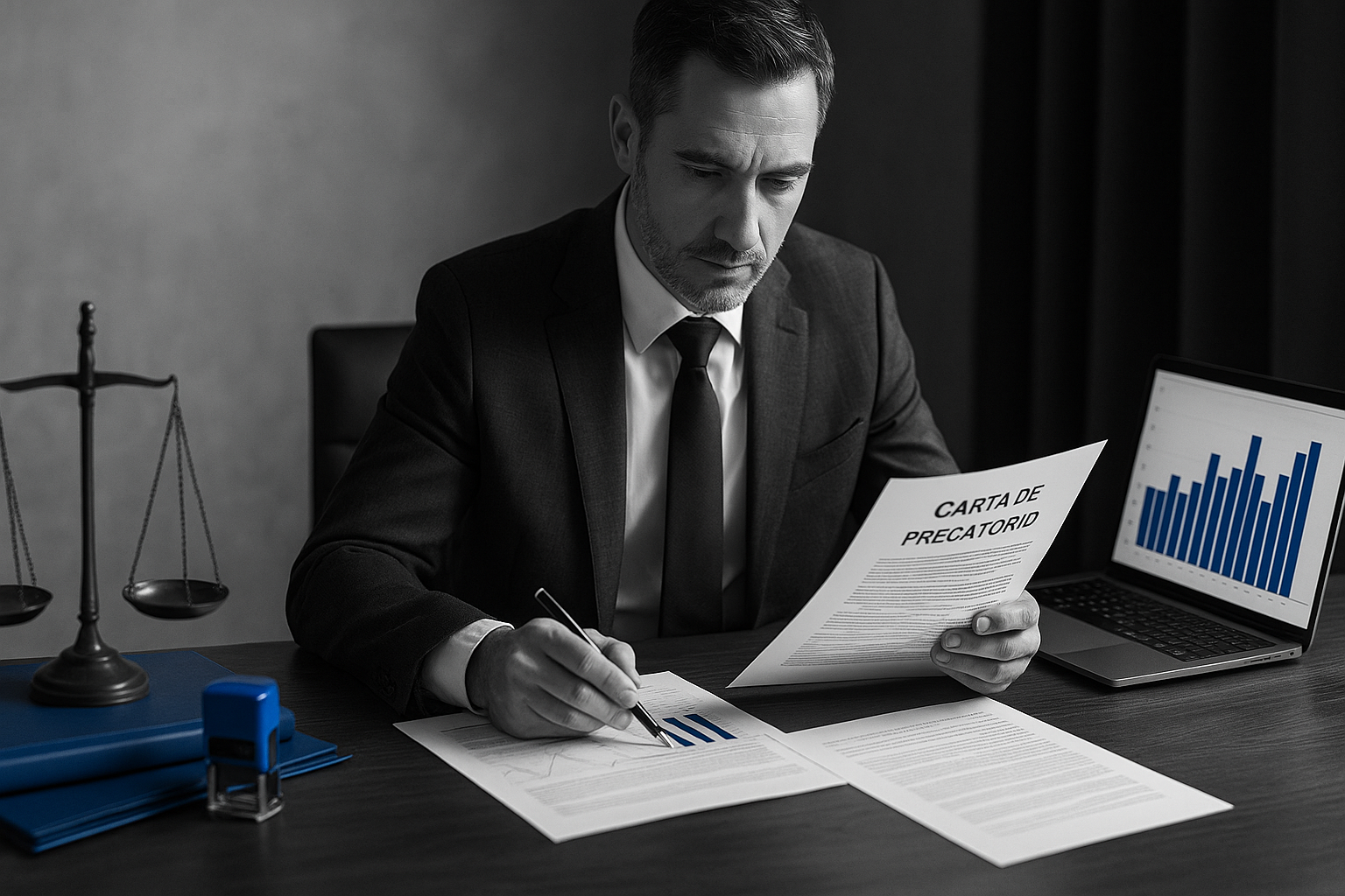 Profissional do setor financeiro analisando uma Carta de Precatório e gráficos sobre uma mesa executiva, com balança da justiça e destaque seletivo em azul, simbolizando o mercado financeiro e o papel do Correspondente Bancário.