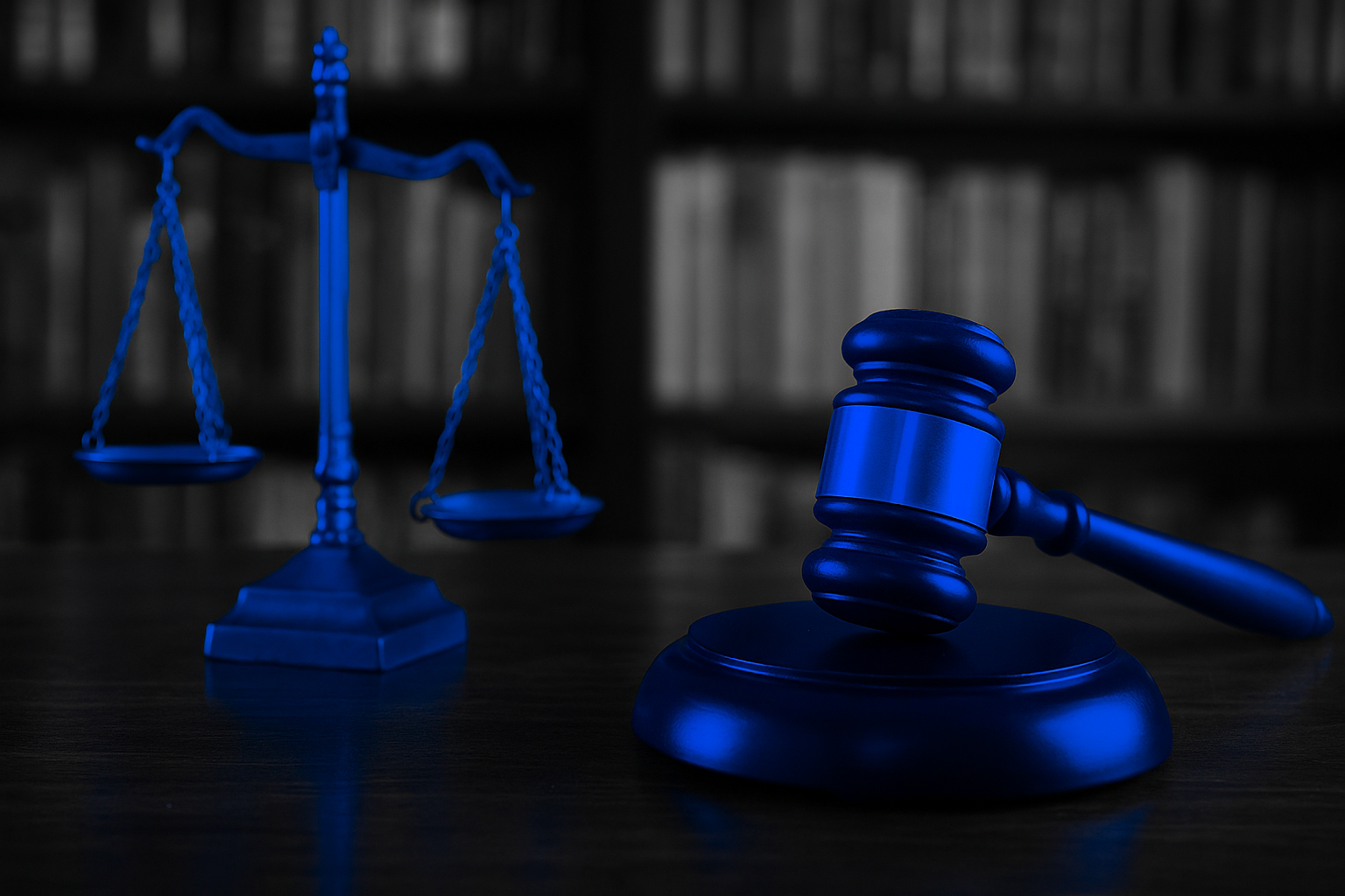 Martelo e balança da justiça em destaque azul simbolizando a execução de garantidores em recuperação judicial.