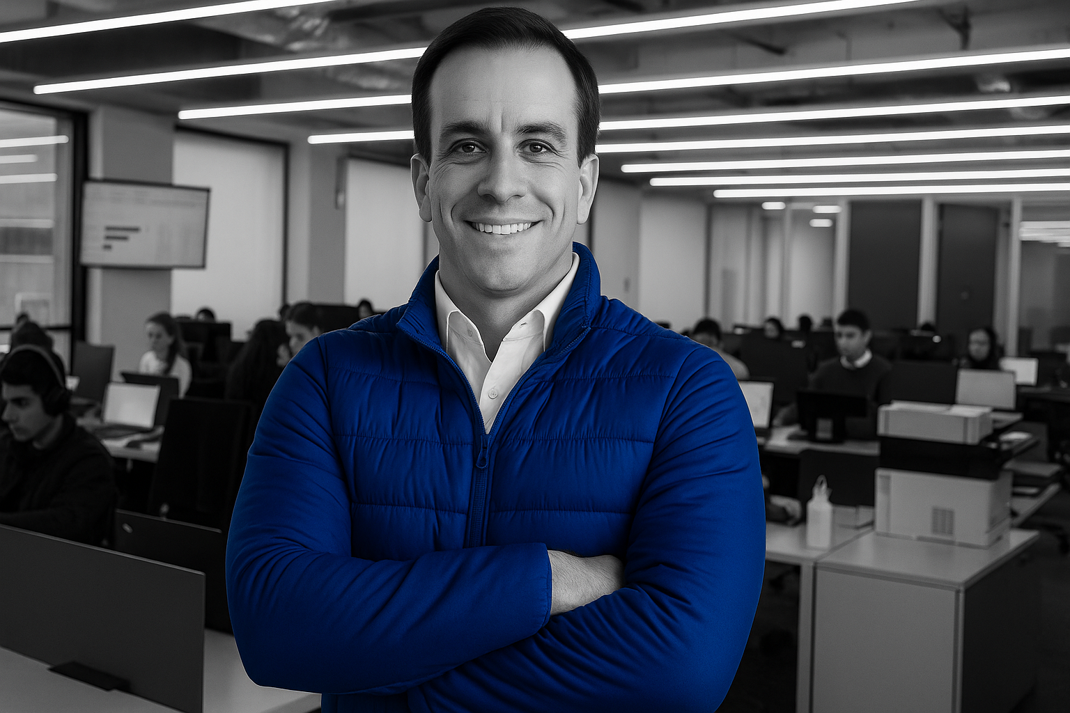 Profissional de finanças em escritório moderno, com jaqueta azul em destaque e fundo preto e branco, simbolizando tecnologia, confiança e performance corporativa.