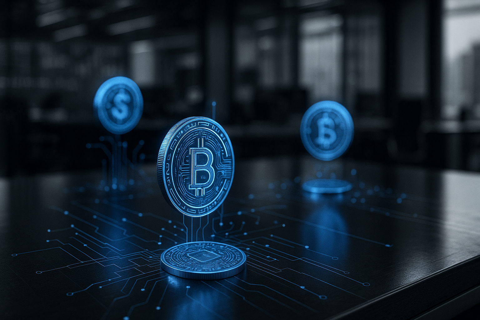 Ilustração digital de tokens azuis flutuando sobre uma mesa de operações em ambiente corporativo, representando a tokenização de ativos e a tecnologia blockchain no mercado de capitais.