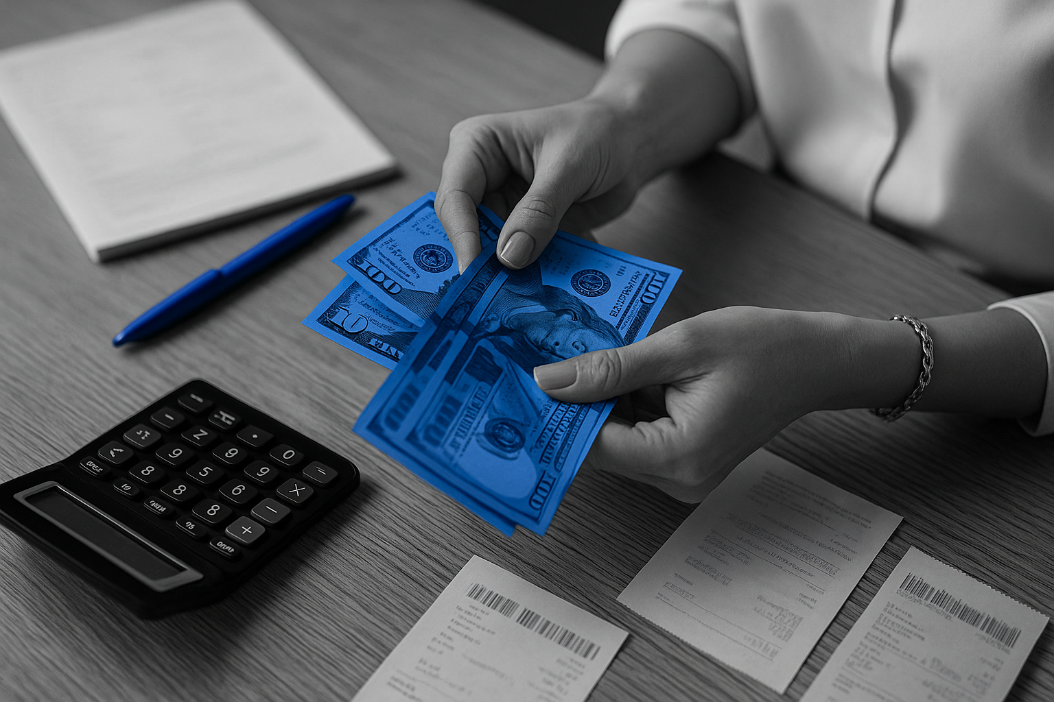 Mãos femininas contando dinheiro com notas em destaque azul sobre mesa com calculadora, caneta e recibos, em imagem preto e branco com destaque seletivo azul