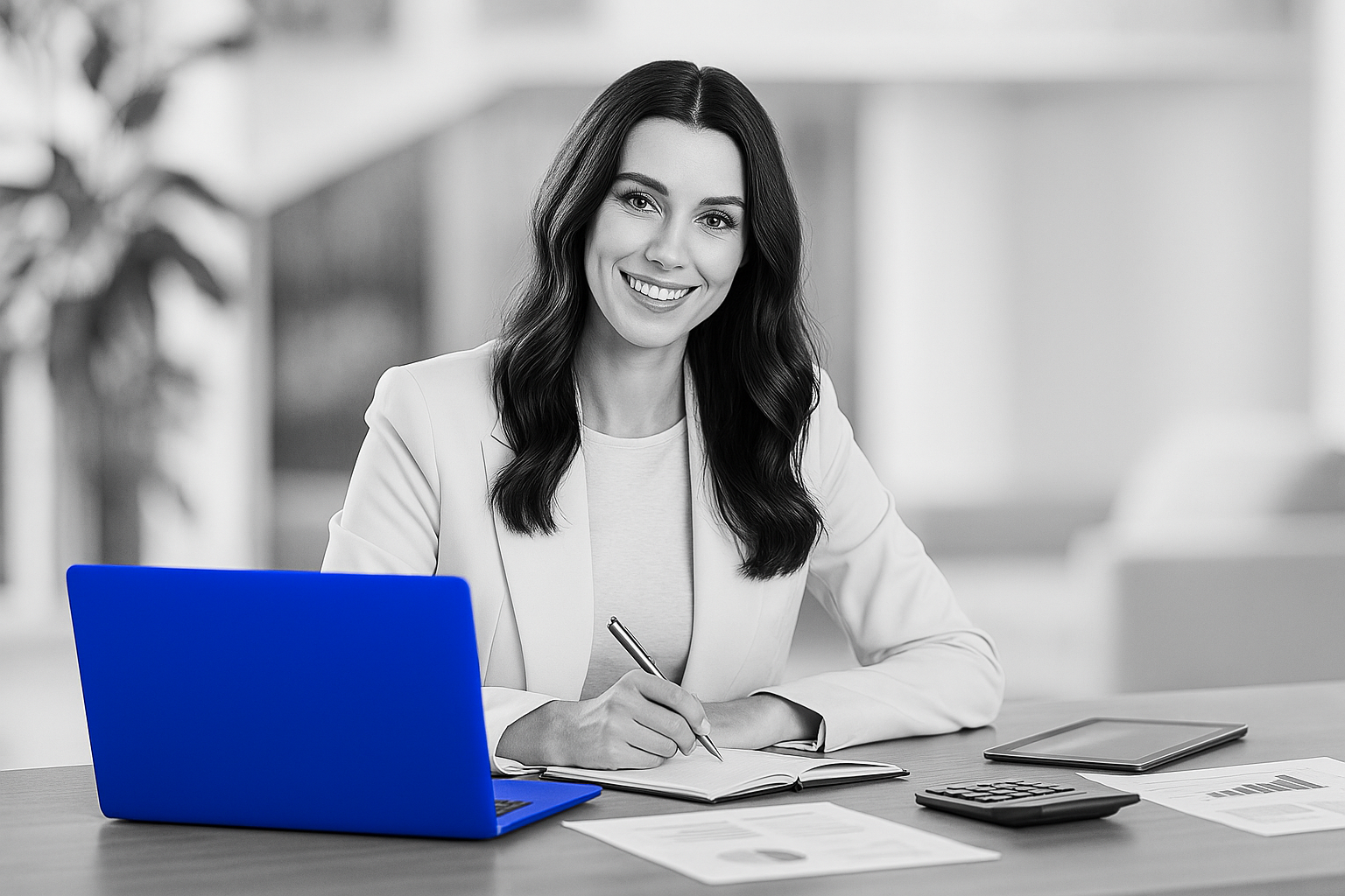 Mulher sorrindo em escritório, escrevendo em um caderno ao lado de notebook e copo com destaque seletivo azul profundo.