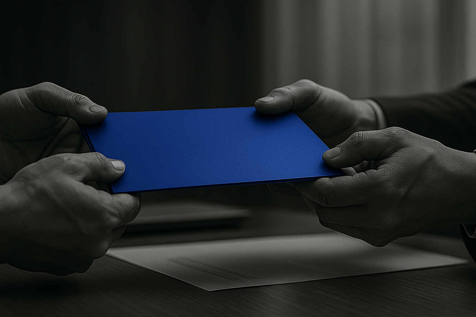 Duas mãos em terno trocando um documento totalmente azul sobre uma mesa executiva, em ambiente institucional em preto e branco, com destaque seletivo na cor azul.