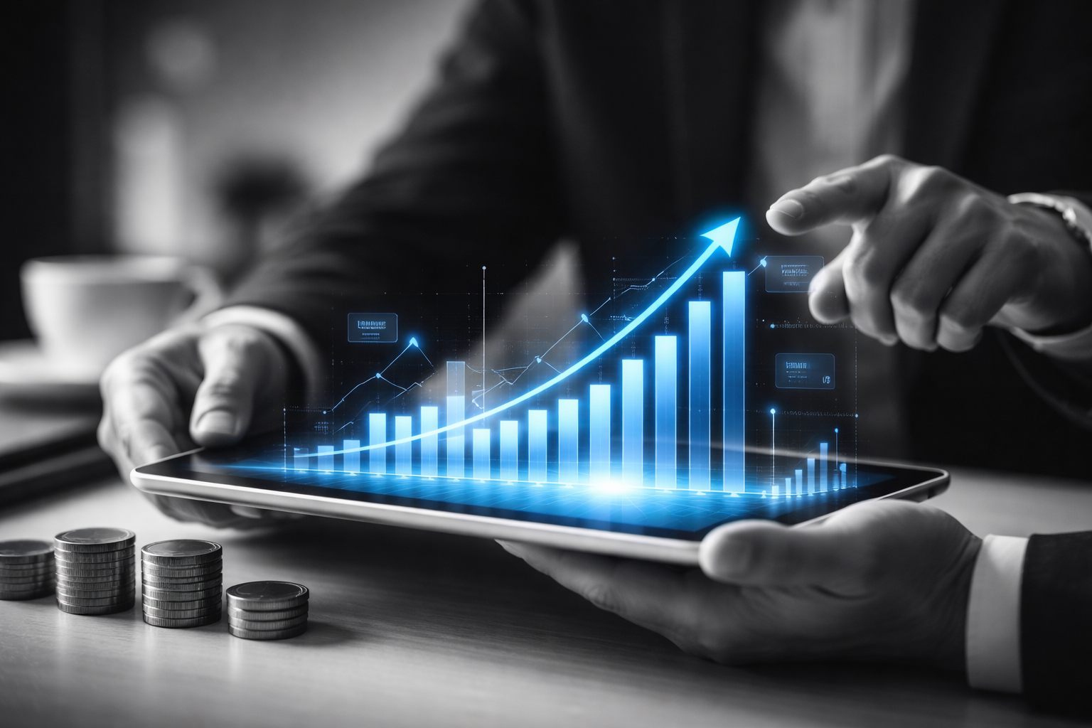 Ilustração corporativa em preto e branco mostrando mãos analisando gráficos financeiros com destaque azul, simbolizando desempenho, controle e gestão de risco em FIDCs.