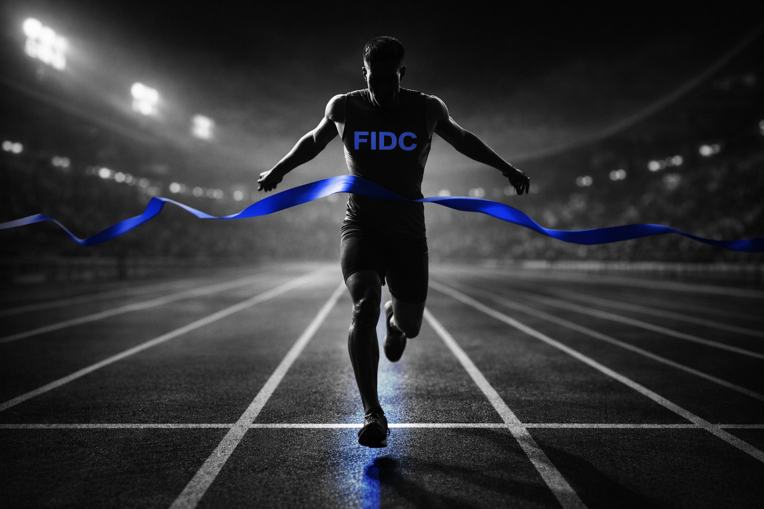 Corredor cruzando a linha de chegada em pista escura, com “FIDC” em azul no uniforme e fita azul sendo rompida, simbolizando liderança na captação de recursos.