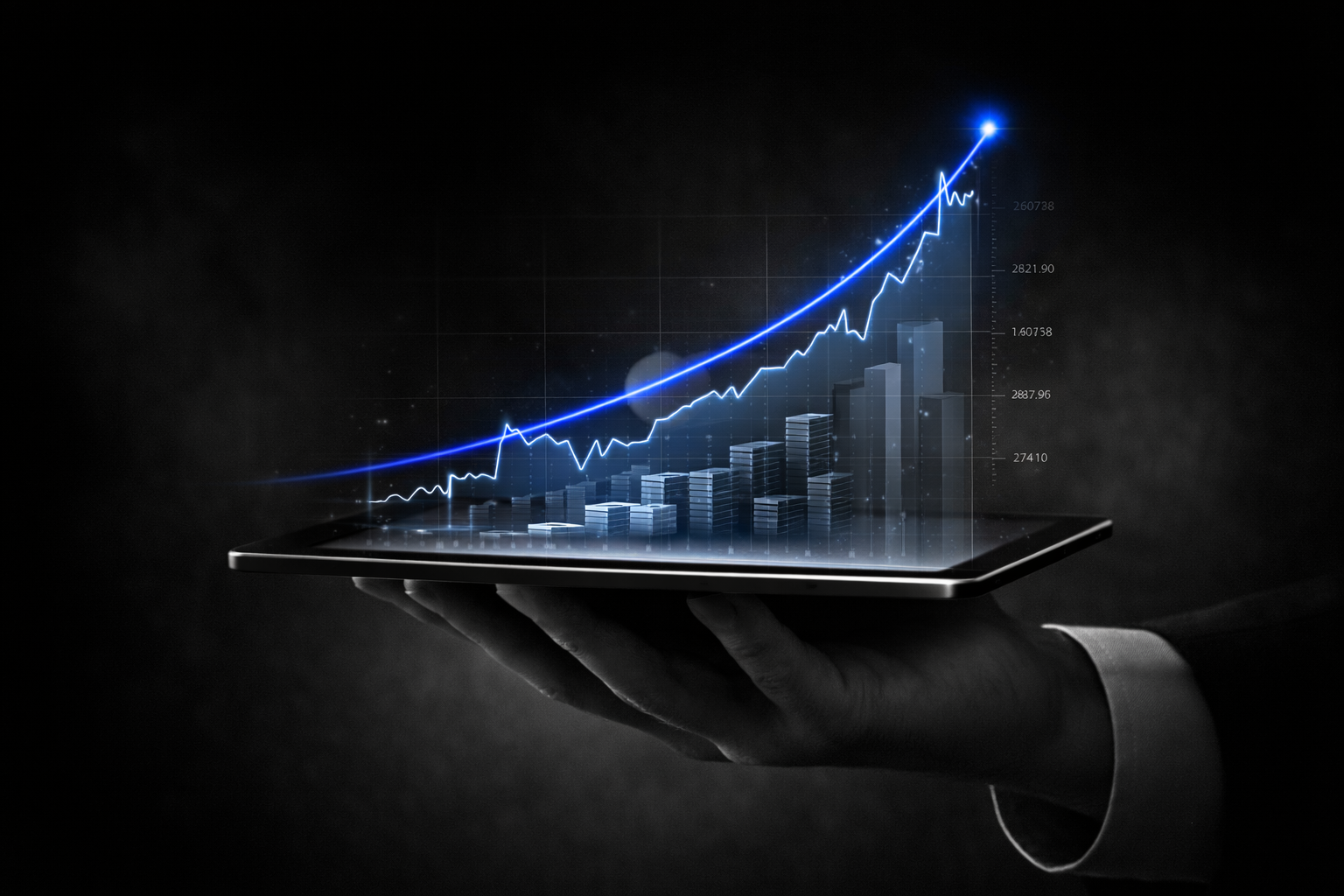 Mão segurando tablet com holograma azul de gráfico ascendente representando FIDC e mercado de capitais em preto e branco.