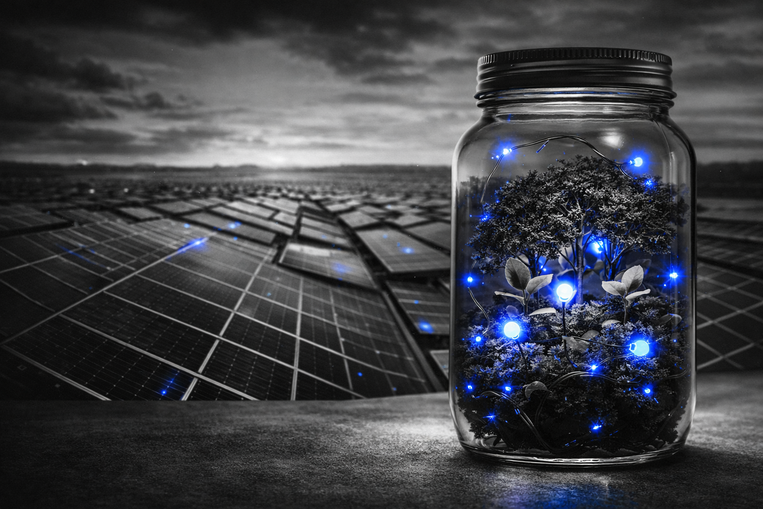 FIDC energia renovável simbolizado por pote com árvores e luzes diante de telhados com painéis solares