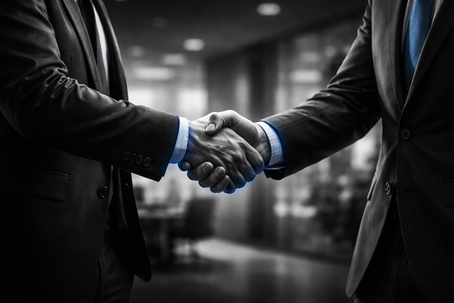 aperto de mãos entre executivos com destaque azul simbolizando acordo financeiro entre cedente e sacado