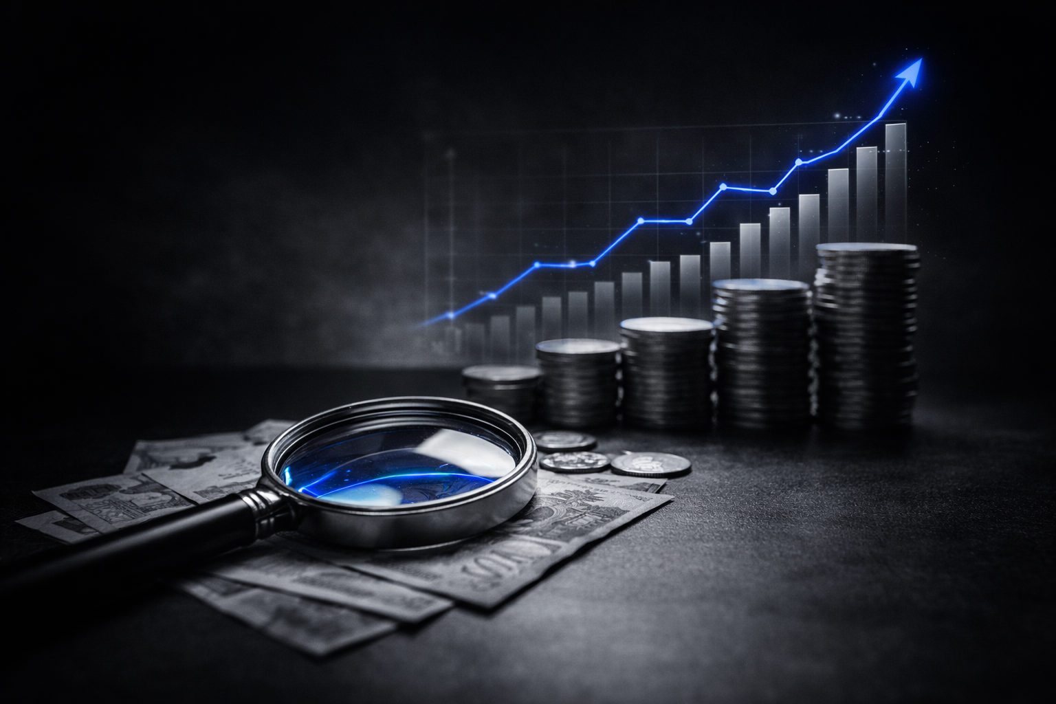 Lupa sobre cédulas e moedas com gráfico ascendente em azul representando análise financeira e crescimento estruturado.