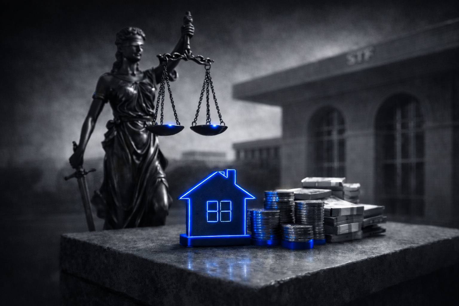 Estátua da justiça ao fundo e casa com pilhas de dinheiro simbolizando debate sobre imunidade de ITBI na integralização de imóveis.