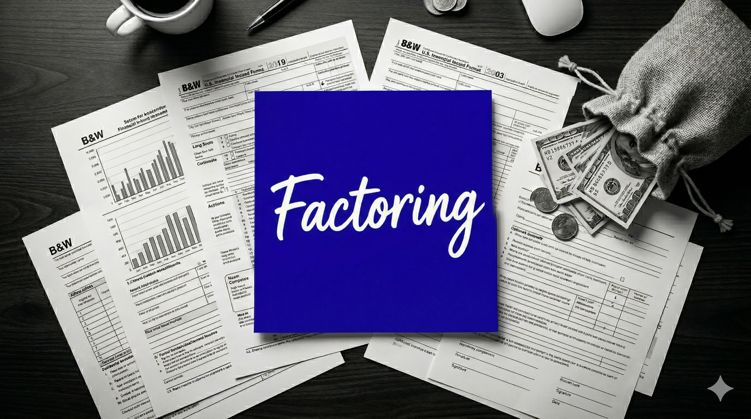 post-it com a palavra factoring em destaque azul sobre mesa com documentos financeiros e saco de dinheiro