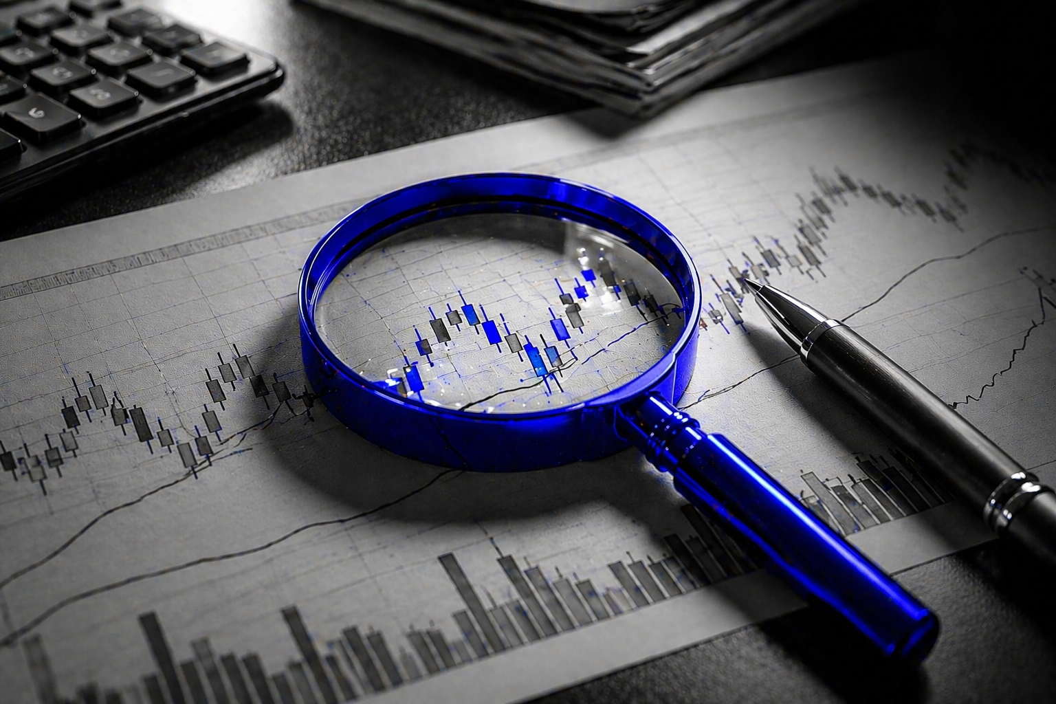 Lupa azul sobre gráfico financeiro em preto e branco destacando análise de dados do mercado de capitais, simbolizando securitização e avaliação de ativos.