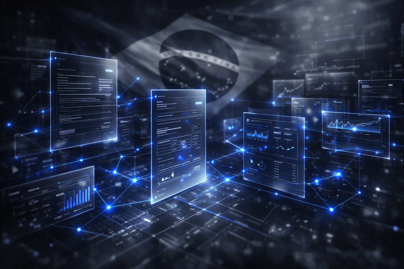 duplicatas escriturais com interfaces digitais e conexões em azul representando crédito no Brasil