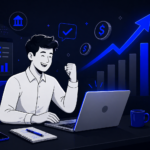 Ilustração de profissional sorridente trabalhando no laptop com gráficos e seta azul de crescimento ao redor, representando aumento de lucros como correspondente bancário.