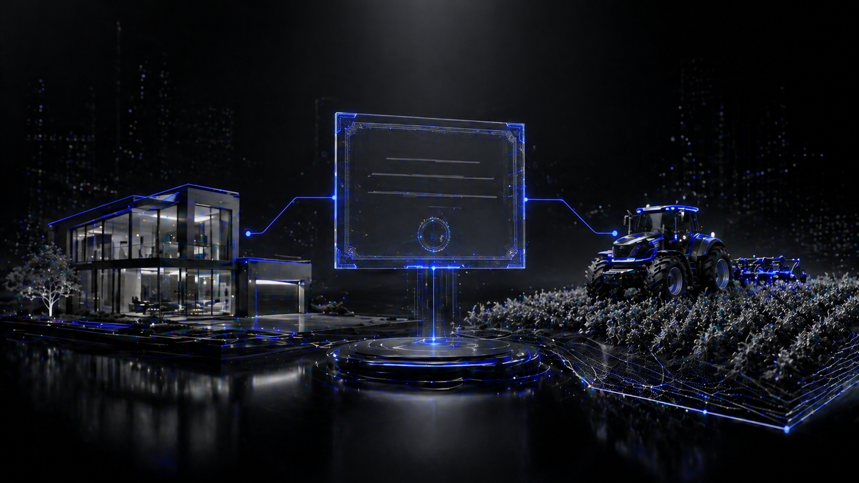 Cena 3D futurista com casa moderna e trator em campo agrícola conectados por certificado digital em azul (#1800ad), representando certificados de recebíveis e integração entre imobiliário e agronegócio.