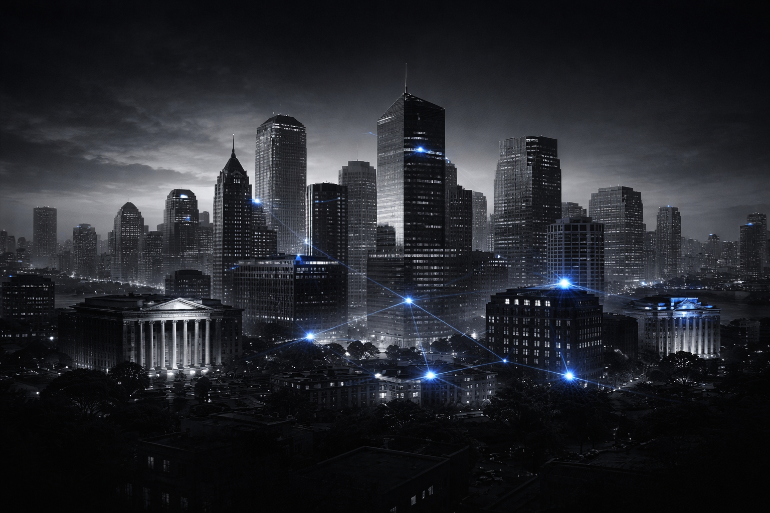Skyline urbano em preto e branco com prédios corporativos e bancos, conectados por linhas luminosas azuis, representando uma rede de instituições financeiras.