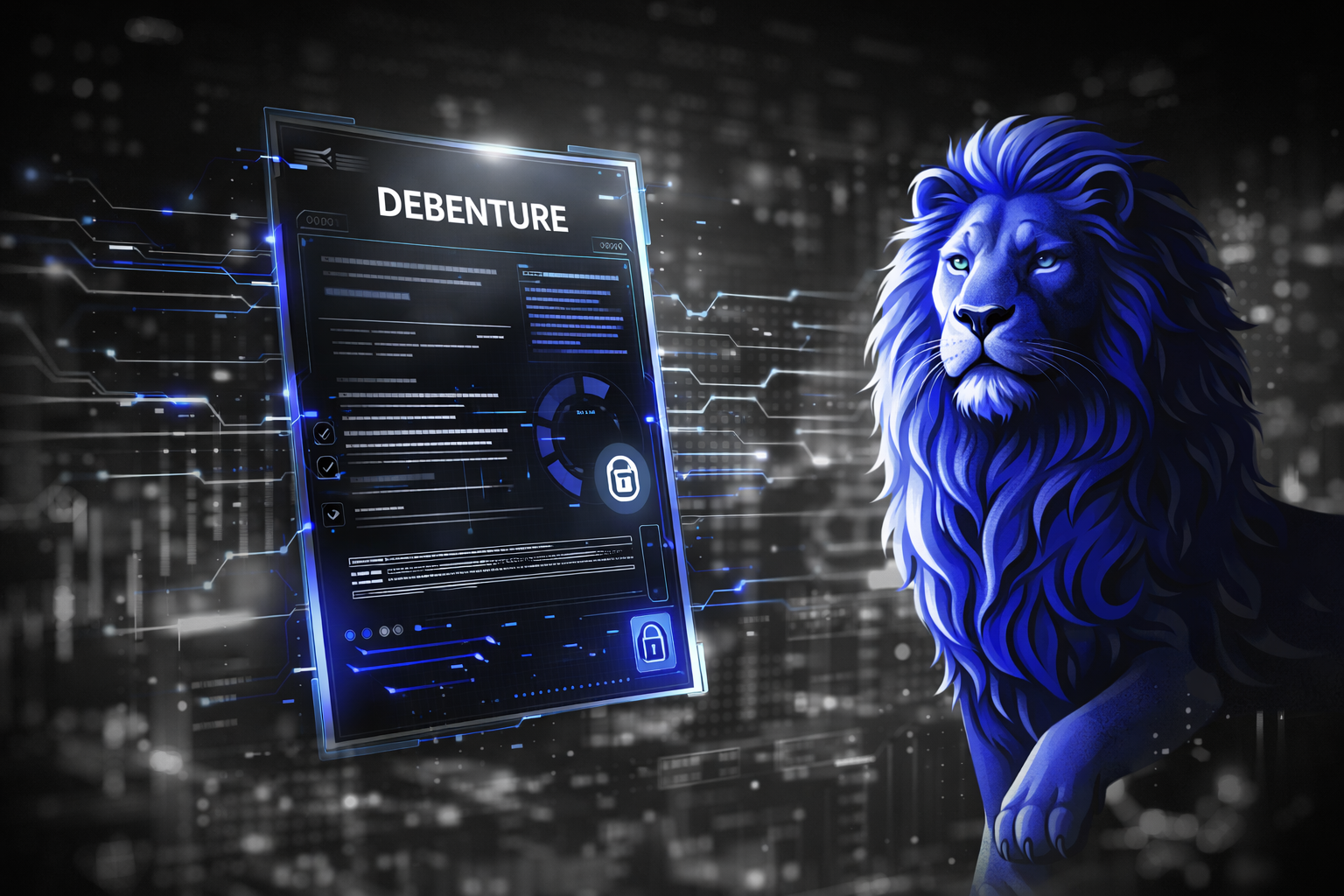 documento digital de debenture com leão azul ao lado simbolizando segurança, confiança e investimentos no mercado de capitais