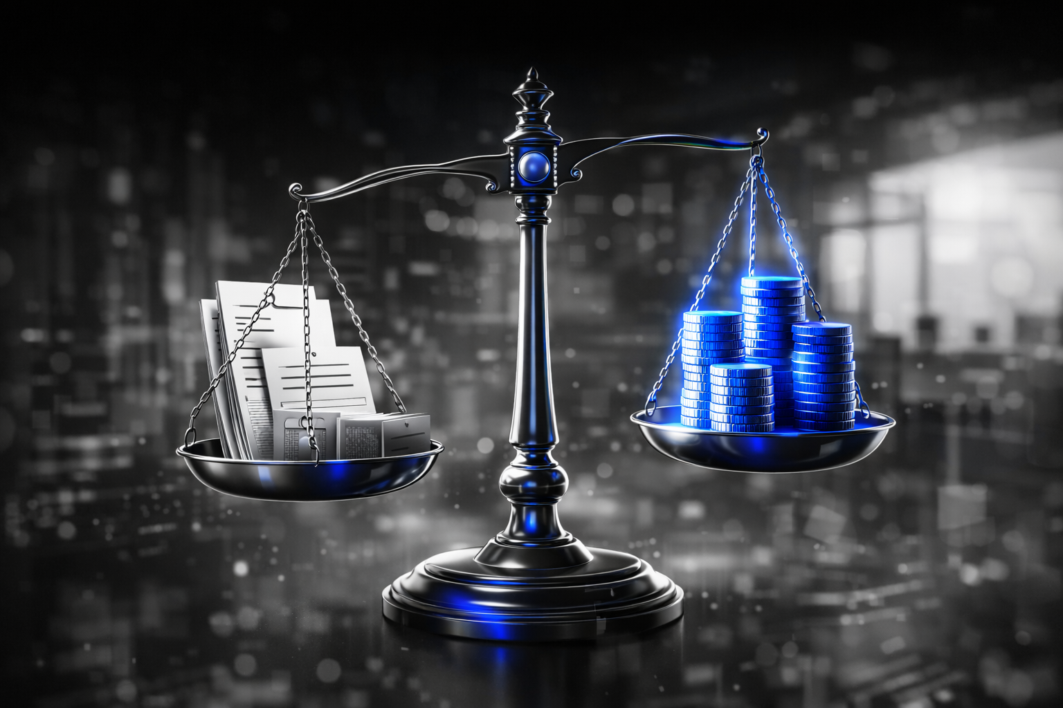 balança da justiça com documentos e moedas em azul simbolizando precatórios e investimentos em FIDC
