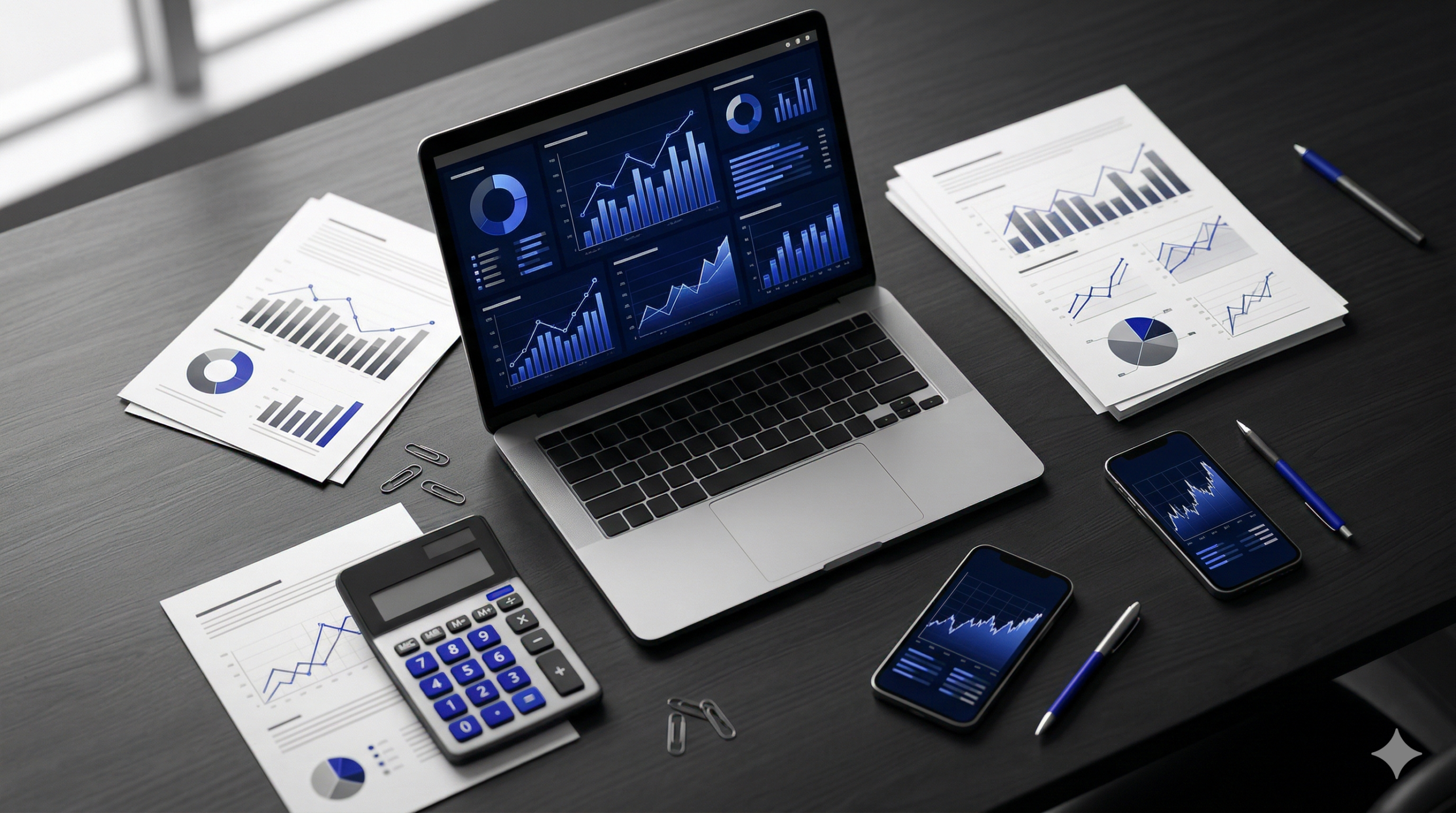 análise de crédito com gráficos financeiros em destaque azul sobre mesa com notebook e calculadora