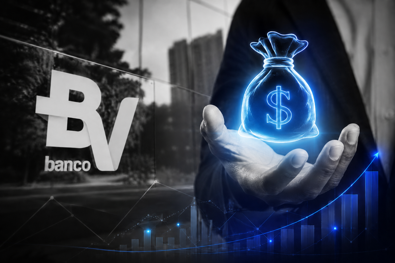 Capa de blog sobre antecipação de recebíveis para PMEs, com fachada do banco BV em preto e branco, mão segurando ícone financeiro azul e gráficos de crescimento.