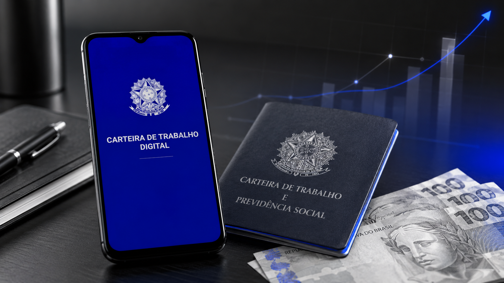 Consignado privado com Crédito do Trabalhador representado por carteira de trabalho digital, cédulas de real e gráfico de crescimento
