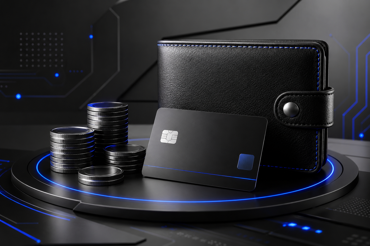 Imagem 3D em preto e branco de carteira, cartão e moedas com detalhes em azul, representando crédito direto ao consumidor e educação financeira.