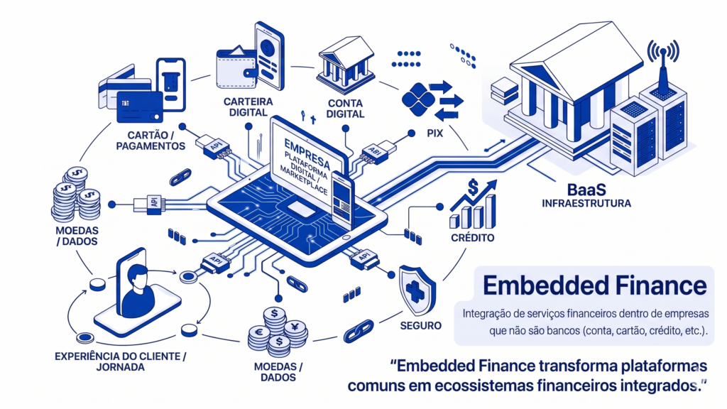 Infográfico explicativo sobre Embedded Finance em estilo minimalista, utilizando tons de azul escuro saturado e linhas pretas sobre fundo branco. No centro, há um tablet representando uma plataforma digital ou marketplace de uma empresa. Desse dispositivo central, saem linhas de circuito conectando diversos ícones de serviços financeiros dispostos ao redor, como "Cartão/Pagamentos", "Carteira Digital", "Conta Digital", "Pix", "Crédito", "Seguro", "Moedas/Dados" e a jornada de "Experiência do Cliente". No lado direito, as conexões se ligam a uma estrutura que representa a infraestrutura de BaaS (Banking as a Service). No canto inferior direito, há um painel explicativo com o título "Embedded Finance" e a frase em destaque: “Embedded Finance transforma plataformas comuns em ecossistemas financeiros integrados.”