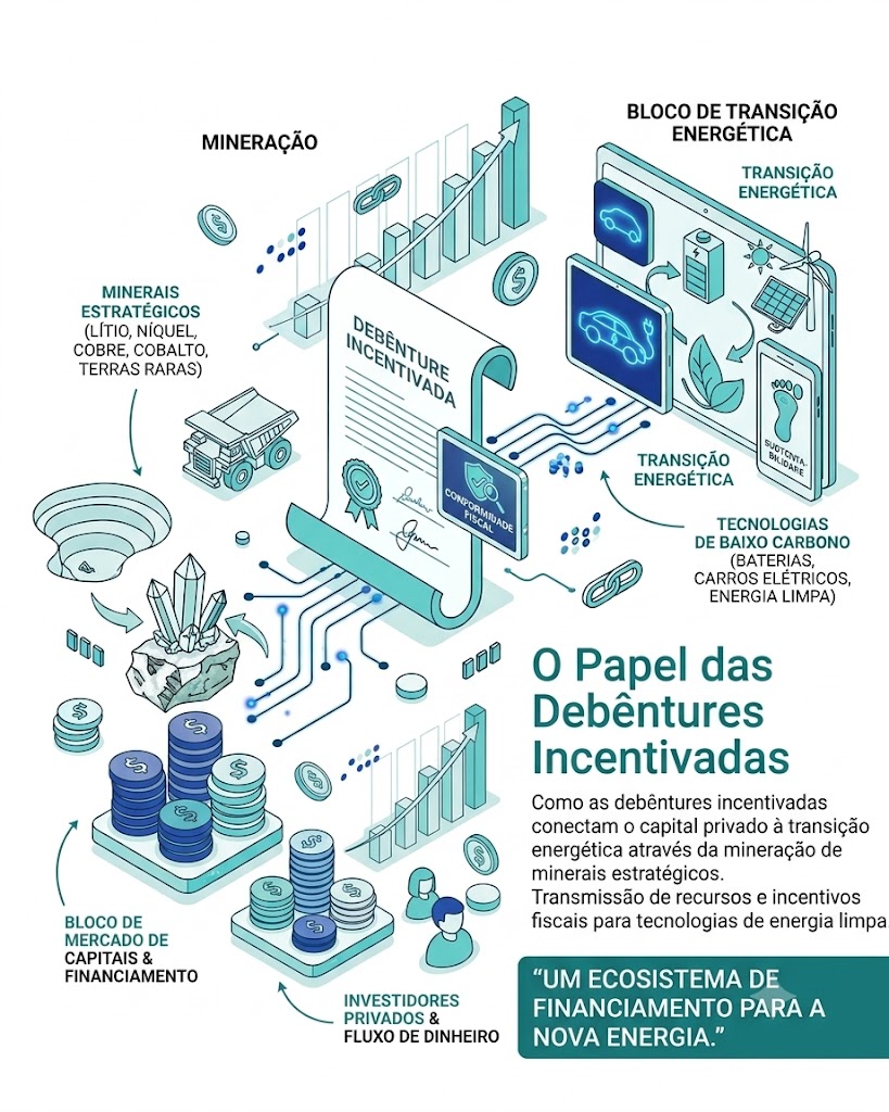 Infográfico explicativo em estilo isométrico e minimalista sobre o papel das debêntures incentivadas no setor de mineração para a transição energética. O design utiliza tons de azul, verde-água e cinza sobre um fundo branco. No centro, destaca-se um grande documento digital representando uma "DEBÊNTURE INCENTIVADA", com assinaturas e um selo azul de "CONFORMIDADE FISCAL". Linhas de circuito tecnológico conectam o documento central a três áreas principais. À esquerda, o bloco de "MINERAÇÃO" mostra cristais, pilhas de minérios e um caminhão articulado, rotulado com os "MINERAIS ESTRATÉGICOS (LÍTIO, NÍQUEL, COBRE, COBALTO, TERRAS RARAS)". À direita, o "BLOCO DE TRANSIÇÃO ENERGÉTICA" exibe telas com carros elétricos, turbinas eólicas e painéis solares. Na parte inferior, o "BLOCO DE MERCADO DE CAPITAIS & FINANCIAMENTO" apresenta pilhas de moedas, gráficos de crescimento ascendente e silhuetas de investidores. No canto inferior direito, um painel traz o título "O Papel das Debêntures Incentivadas" com uma explicação de texto e a frase de impacto em destaque: “UM ECOSISTEMA DE FINANCIAMENTO PARA A NOVA ENERGIA.”