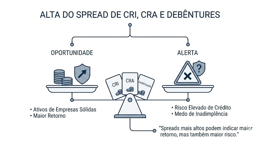 Infográfico minimalista e limpo sobre a alta do spread de crédito privado, desenhado em linhas finas em tons de azul-escuro e cinza sobre um fundo completamente branco. No topo, destaca-se o título "ALTA DO SPREAD DE CRI, CRA E DEBÊNTURES". No centro, uma estrutura de balança conecta graficamente dois lados: o esquerdo, rotulado como "OPORTUNIDADE", exibe moedas empilhadas e um escudo com uma seta para cima, acompanhado dos tópicos "Ativos de Empresas Sólidas" e "Maior Retorno". O lado direito, rotulado como "ALERTA", mostra uma placa de trânsito triangular com um "X", um escudo menor com uma interrogação e os tópicos "Risco Elevado de Crédito" e "Medo de Inadimplência". No ponto de equilíbrio central da balança, encontram-se três cartões simplificados que representam os ativos: "CRI", "CRA" e "Debêntures". No canto inferior direito, uma linha fina puxa a frase de conclusão do artigo: “Spreads mais altos podem indicar maior retorno, mas também maior risco.”