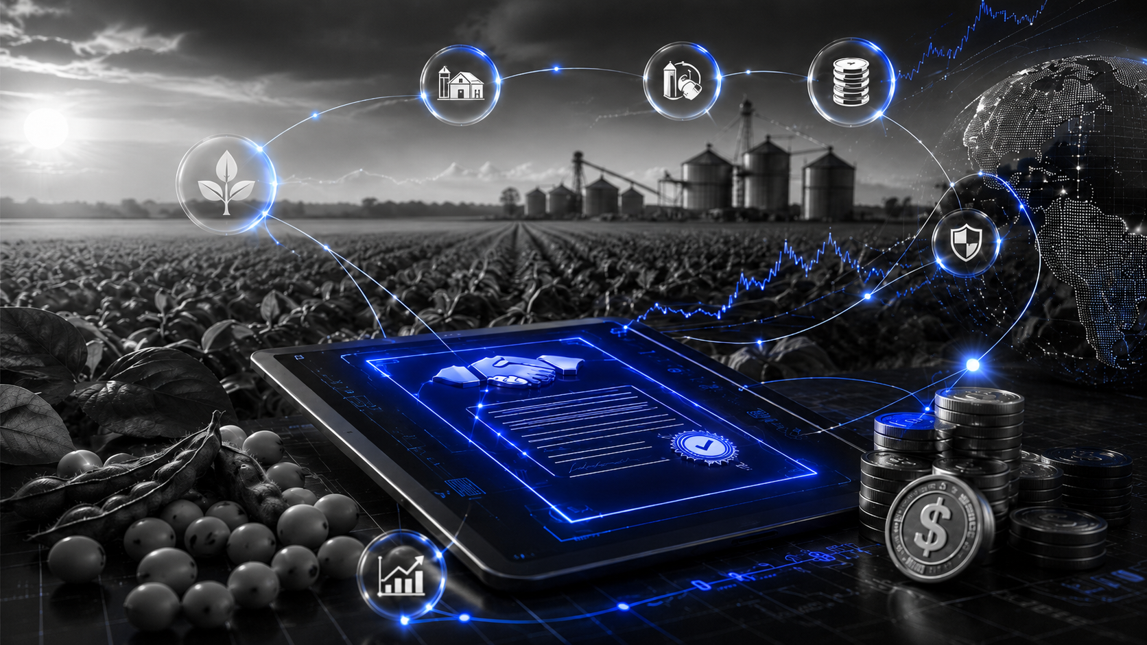 CRA remunerado em dólar no mercado de securitização do agronegócio com campo de soja, recebíveis rurais, documento digital e fluxo financeiro.