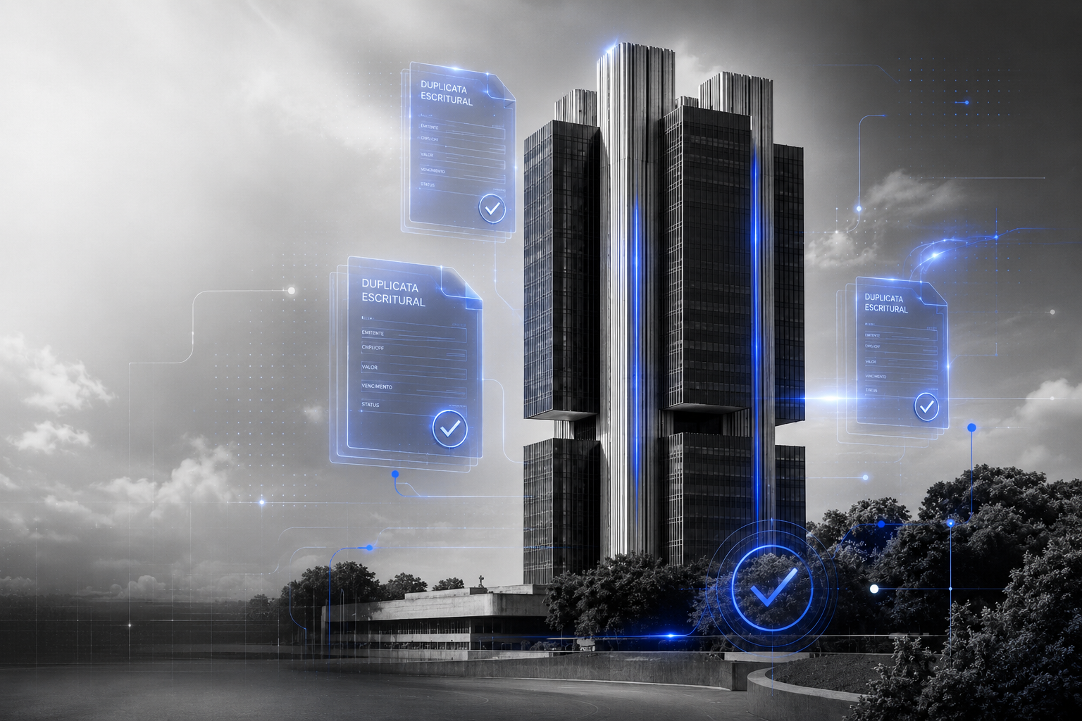Duplicatas escriturais e Banco Central representados por prédio institucional, documentos digitais 3D, rastreabilidade e validação eletrônica.