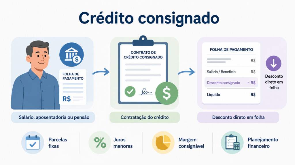 Infográfico explica como funciona o crédito consignado com desconto direto em folha