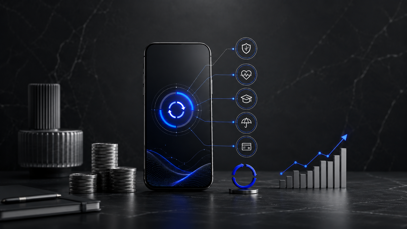 Smartphone com ícones de serviços, moedas e gráfico de crescimento, representando diversificação de receitas, recorrência e expansão além do crédito consignado.