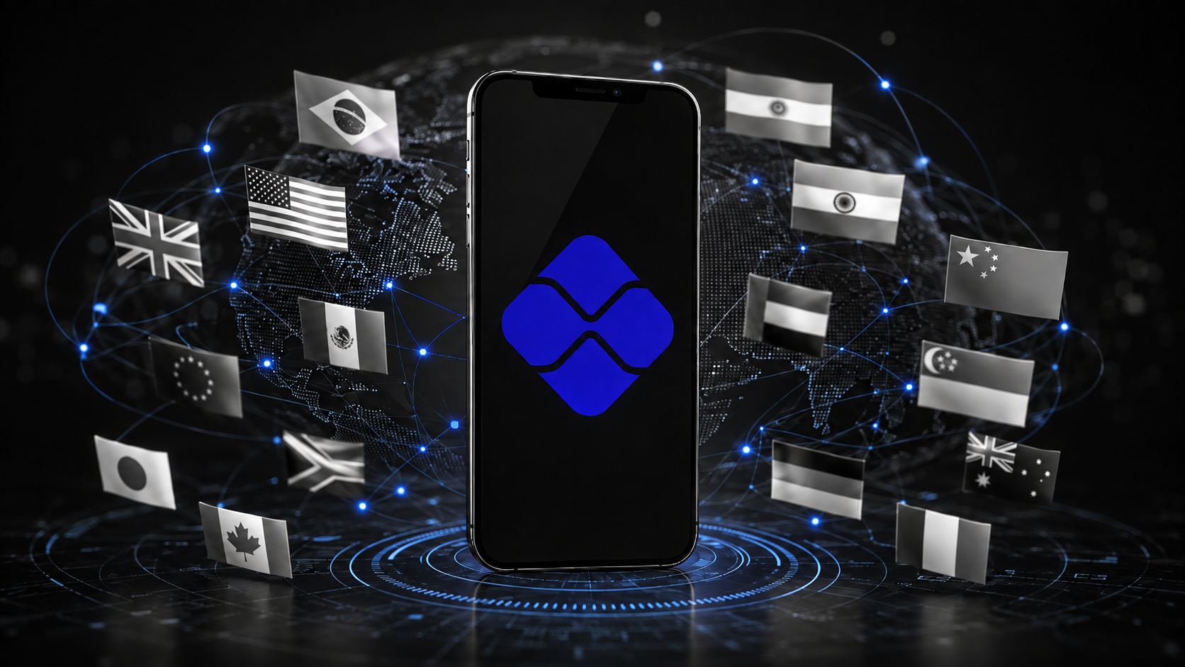 Smartphone com símbolo do Pix ao centro, cercado por bandeiras internacionais e conexões digitais, representando a internacionalização do Pix e os pagamentos transfronteiriços.