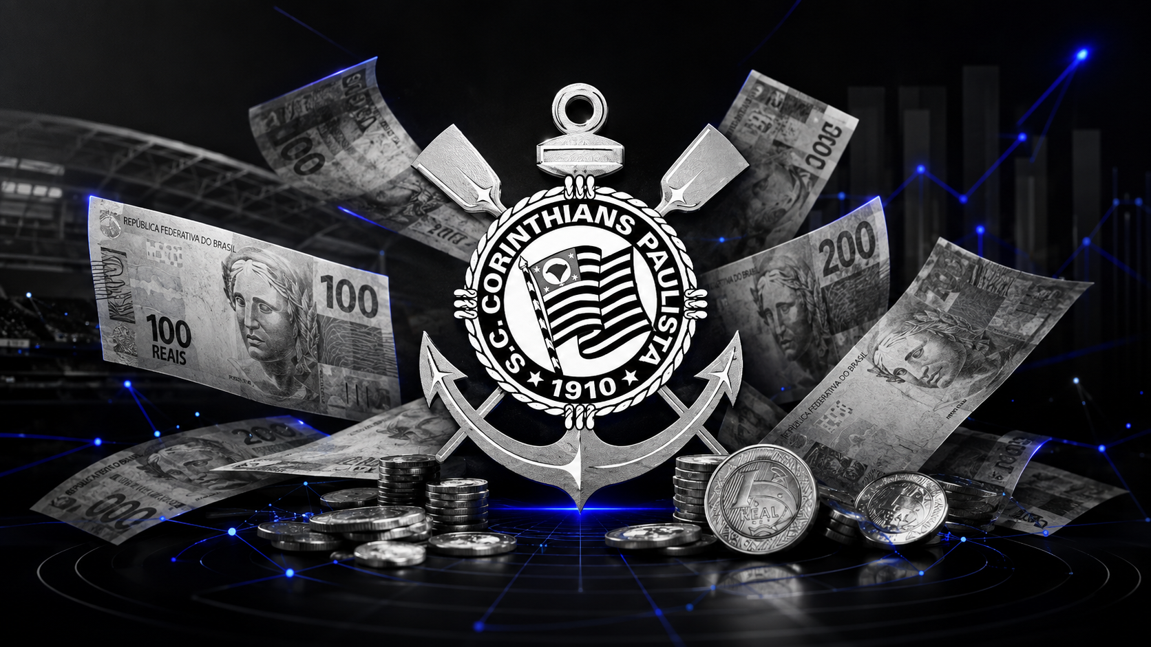 Logo do Corinthians cercado por notas e moedas, representando FIDC de futebol e recebíveis do clube.