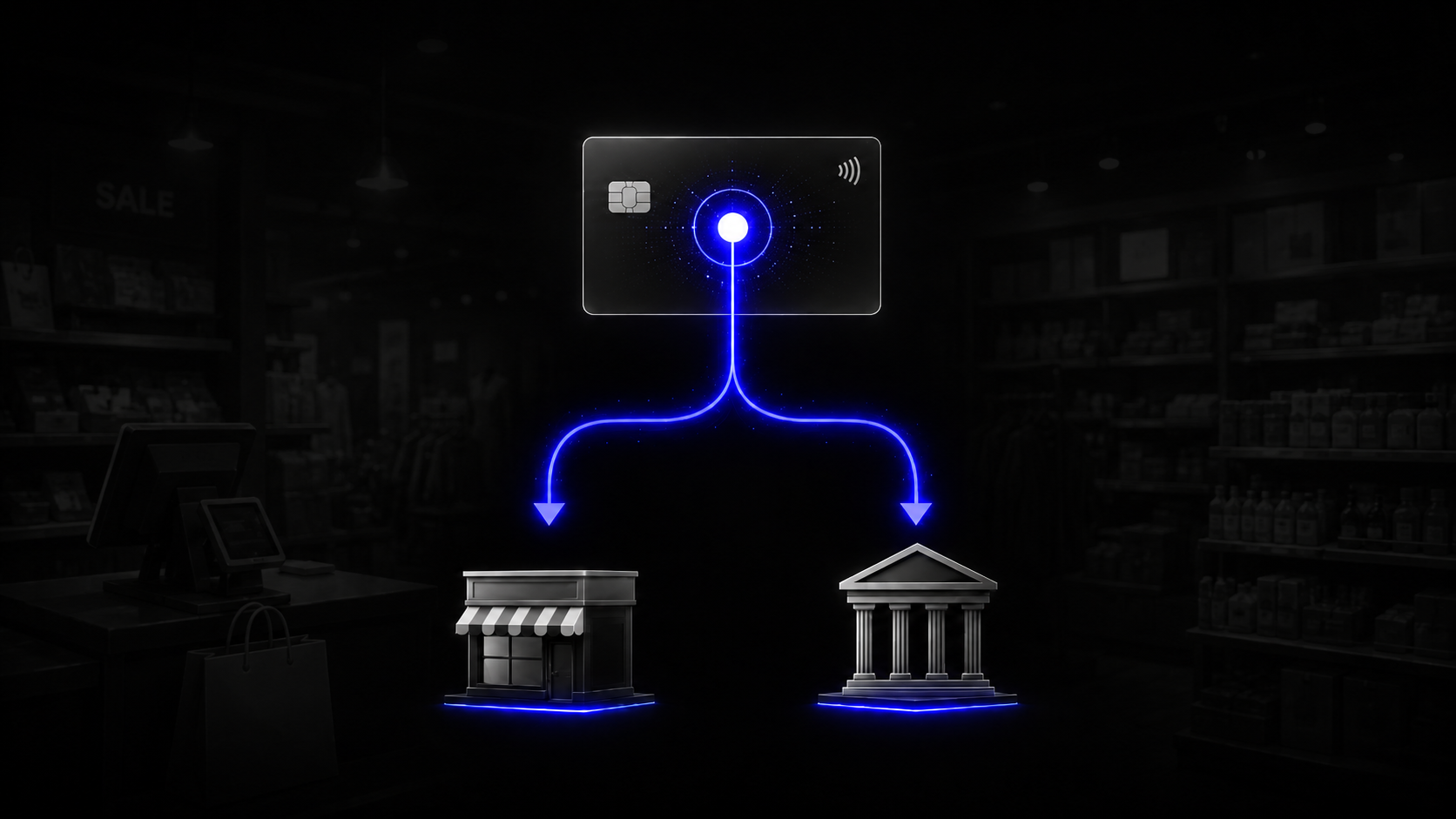 Split payment representado por fluxo digital entre varejo e Fisco, com loja ao fundo em baixa opacidade e destaques em azul.