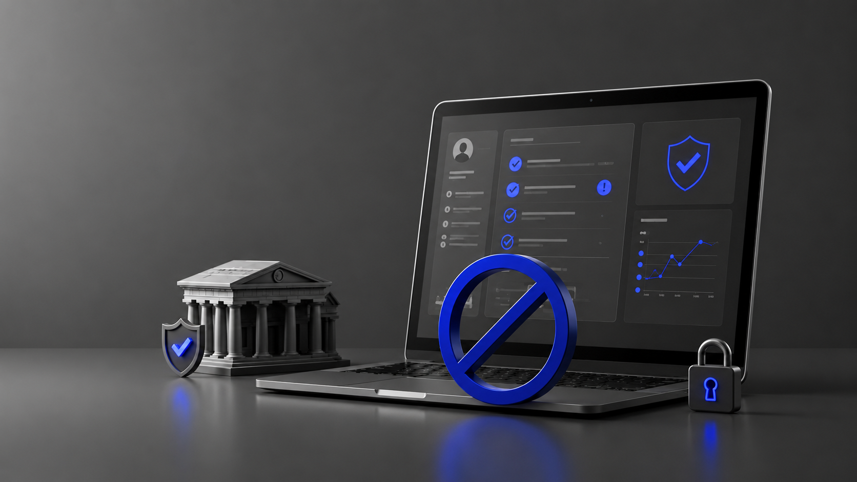 Painel digital de compliance com símbolo de bloqueio, representando punições e fiscalização de correspondentes bancários.