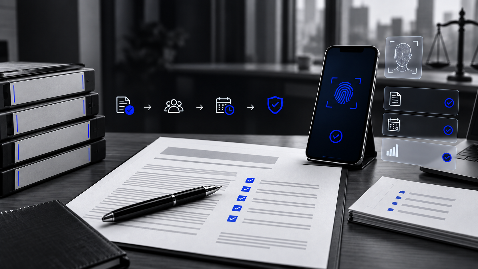 Documento e smartphone com biometria em destaque representam as novas regras da IN nº 213/2026 para crédito consignado, com foco em compliance, prazos e envio de informações.