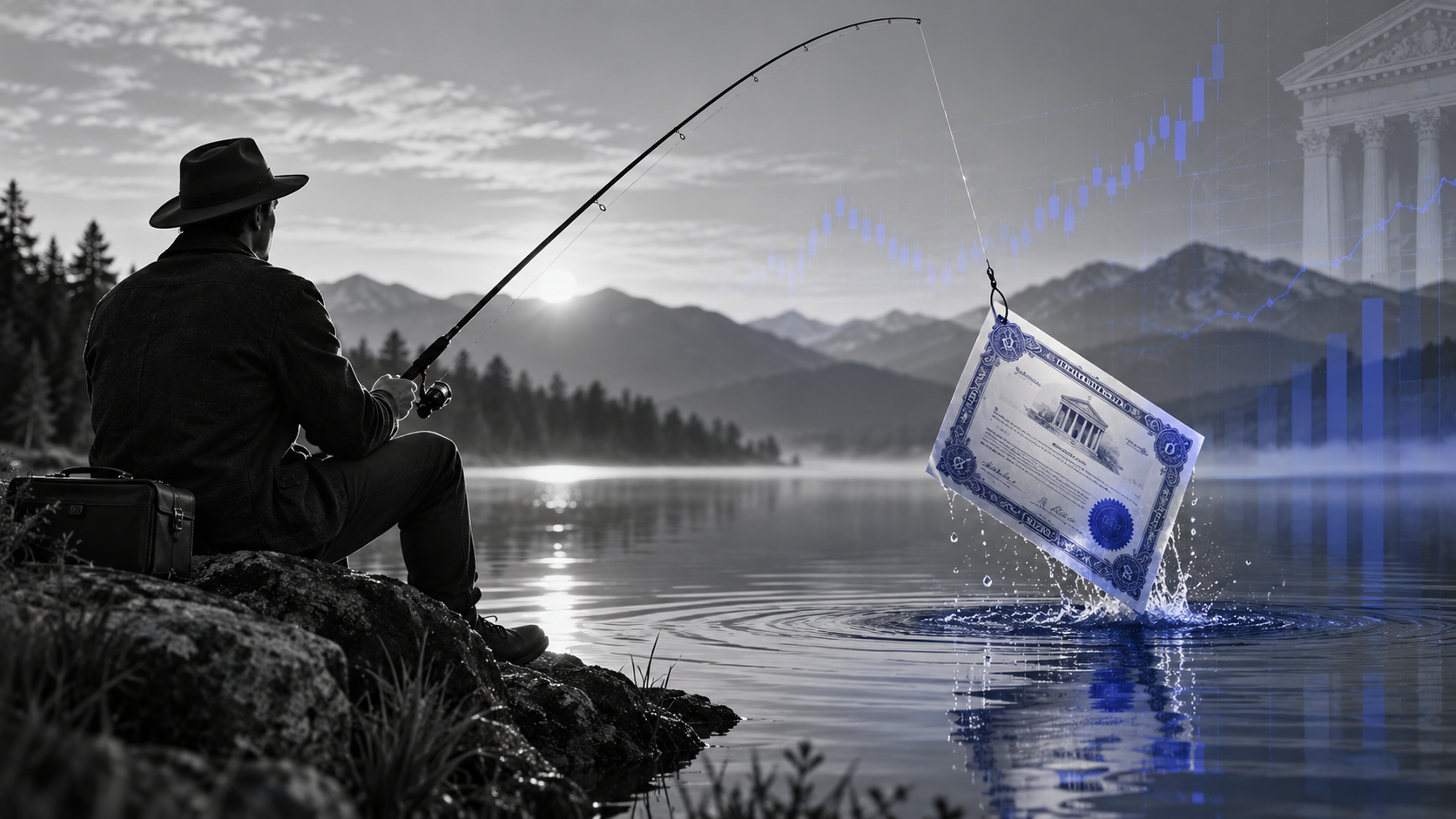 Resgate de debêntures representado por pessoa pescando um título financeiro em um lago, em conceito sobre mercado de capitais.