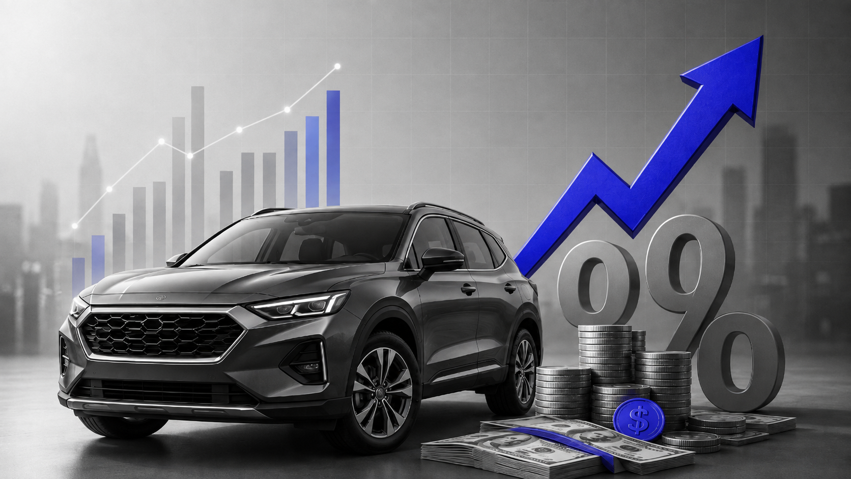 Carro em destaque com seta ascendente, símbolo de juros e elementos financeiros, representando o aumento do financiamento de veículos em 2026 mesmo com juros altos.