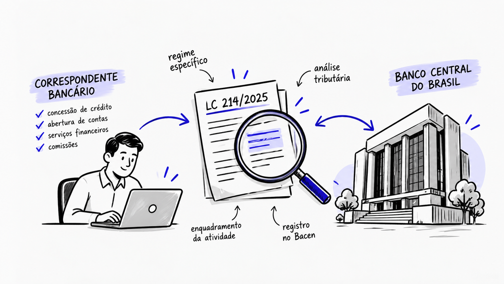 Ilustração em estilo whiteboard sobre correspondente bancário, LC 214/2025, análise tributária e registro no Bacen